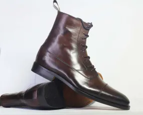 Handmade Men Chocolate Brown Ankle High Boots, Men Cap Toe Leather Lace Up Boots