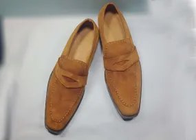 Handmade Men's Beige Suede Penny Loafer Shoes, Men Designer Dress Formal Luxury Shoes