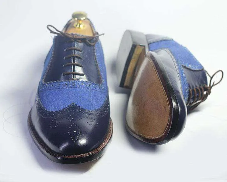 Handmade Men's Black Blue Wing Tip Brogue Shoes, Men Leather Denim Designer Shoes