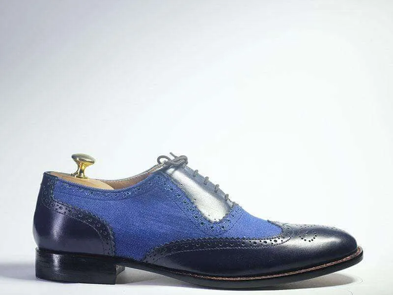 Handmade Men's Black Blue Wing Tip Brogue Shoes, Men Leather Denim Designer Shoes