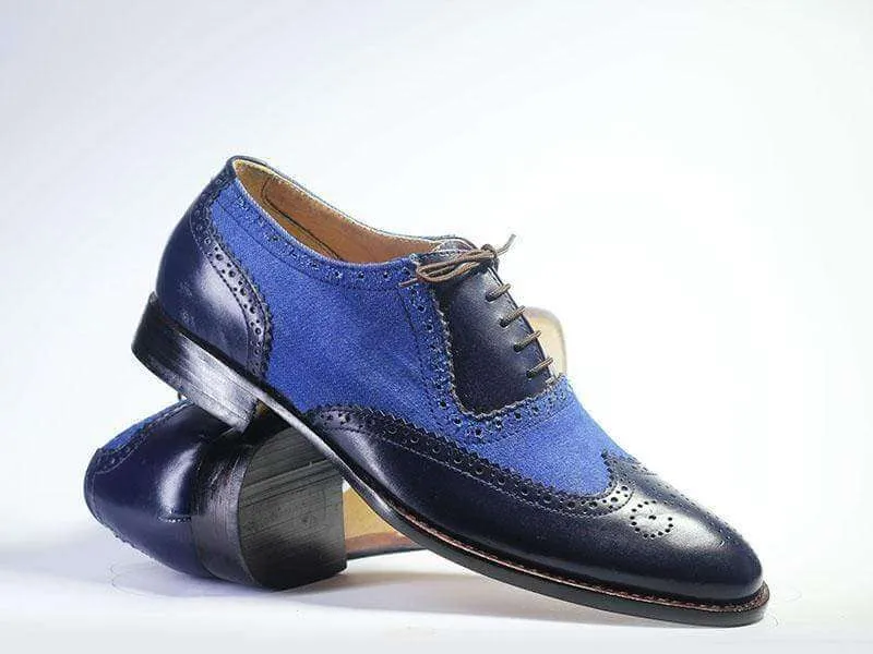 Handmade Men's Black Blue Wing Tip Brogue Shoes, Men Leather Denim Designer Shoes