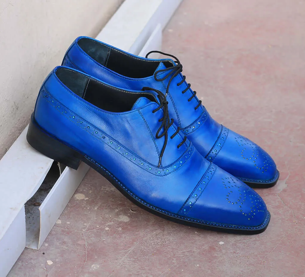 Handmade Men's Blue Leather Cap Toe Brogue Lace Up Shoes, Men Designer Dress Formal Luxury Shoes