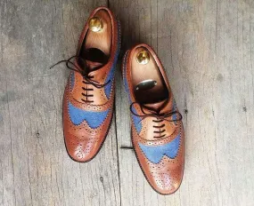 Handmade Men's Brown Blue Leather Denim Wing Tip Brogue Lace Up Shoes, Men Dress Formal Shoes