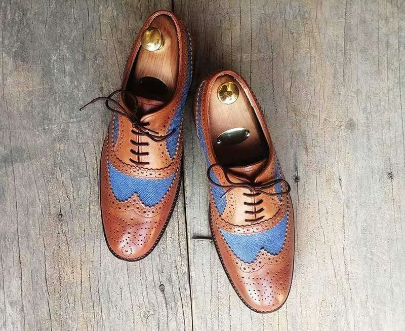 Handmade Men's Brown Blue Leather Denim Wing Tip Brogue Lace Up Shoes, Men Dress Formal Shoes