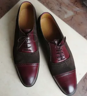 Handmade Men's Brown Burgundy Cap Toe Leather Suede Lace Up Shoes, Men Designer Dress Formal Luxury Shoes