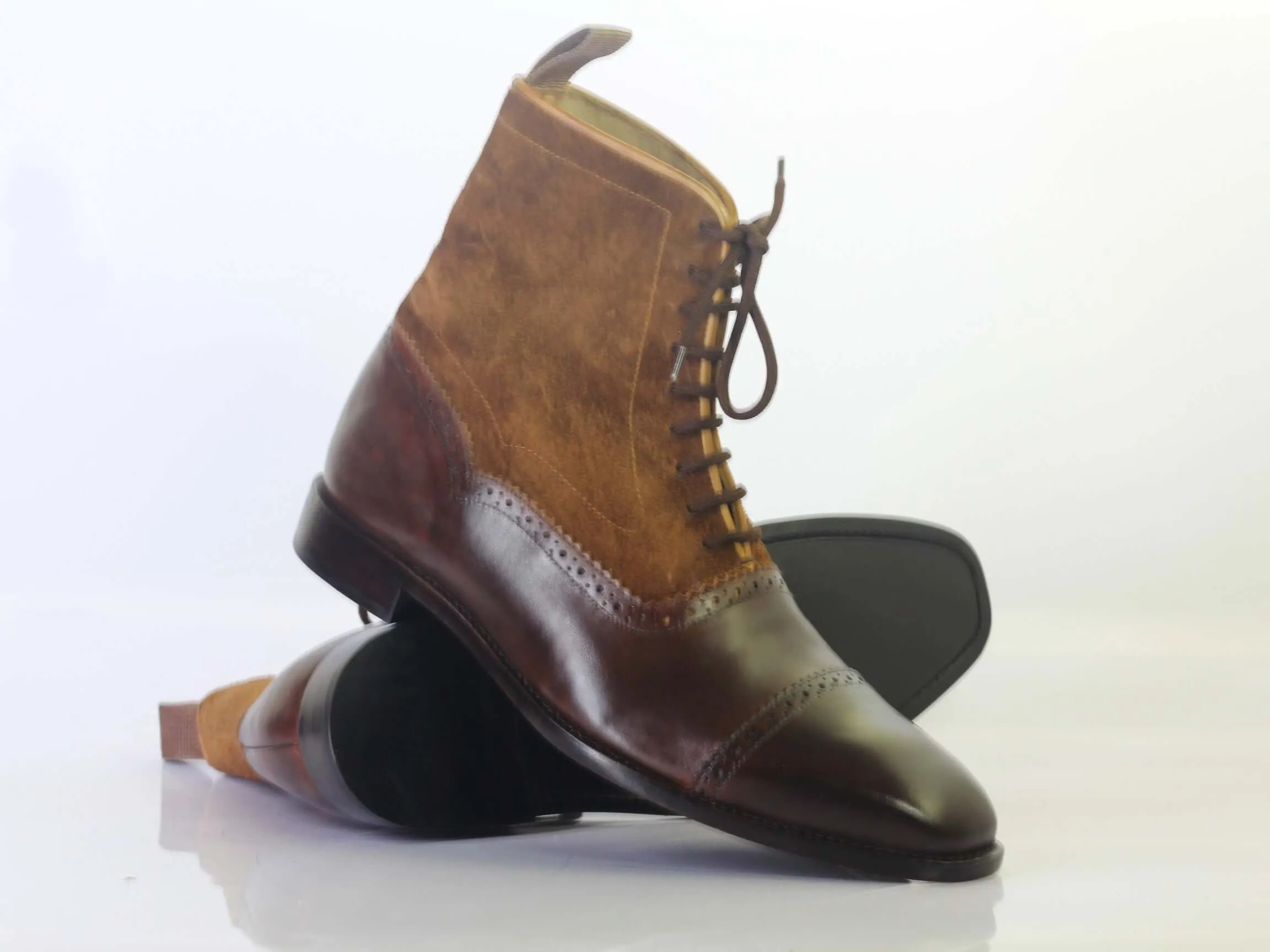 Handmade Men's Brown Cap Toe Leather Suede Lace Up Boots, Men Ankle Boots, Men Designer Boots