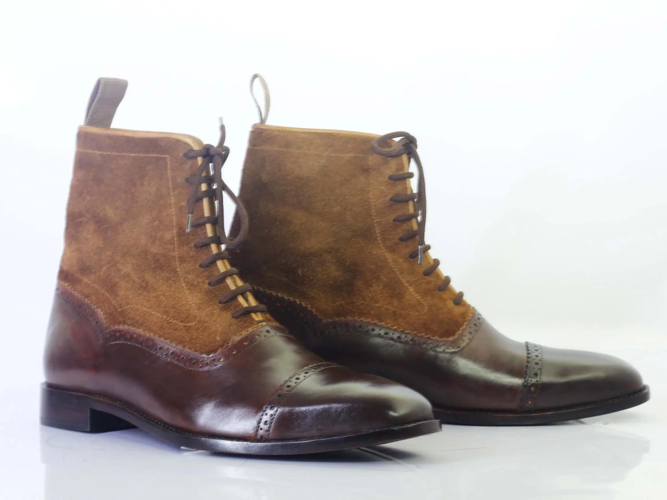 Handmade Men's Brown Cap Toe Leather Suede Lace Up Boots, Men Ankle Boots, Men Designer Boots