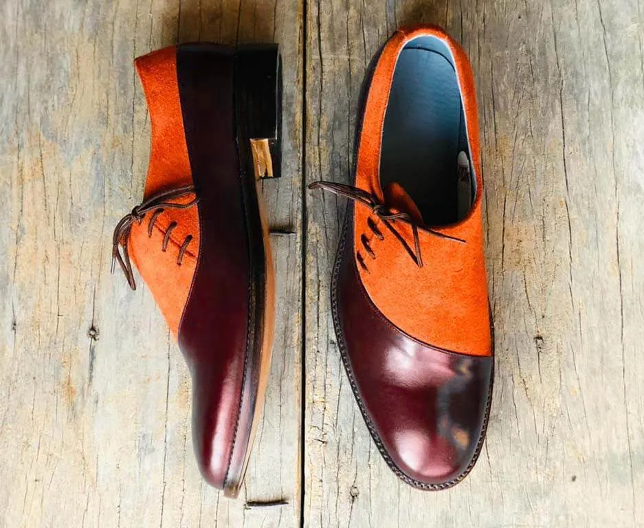 Handmade Men’s Burgundy & Tan Dress Shoes, Men Leather & Suede Lace Up Shoes