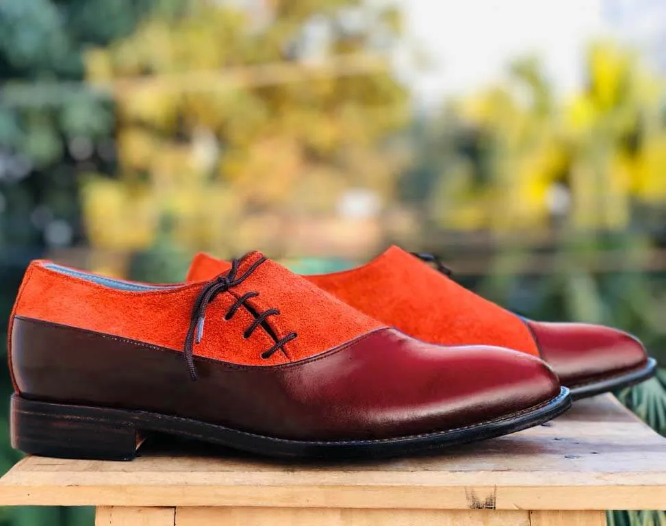 Handmade Men’s Burgundy & Tan Dress Shoes, Men Leather & Suede Lace Up Shoes