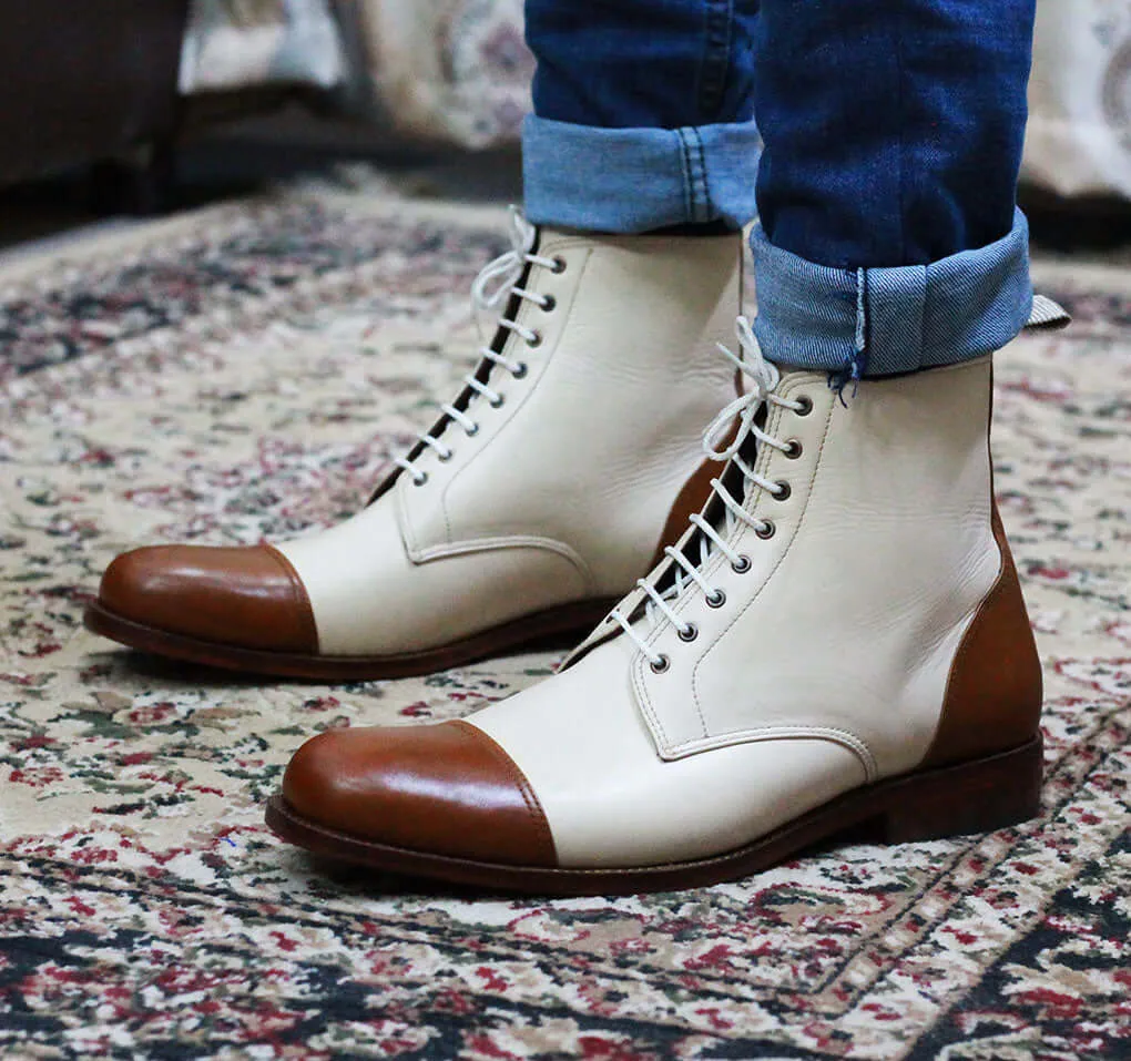 Handmade Men’s Cream Brown Cap Toe Ankle Boots, Men Leather Lace Up Fashion Boots