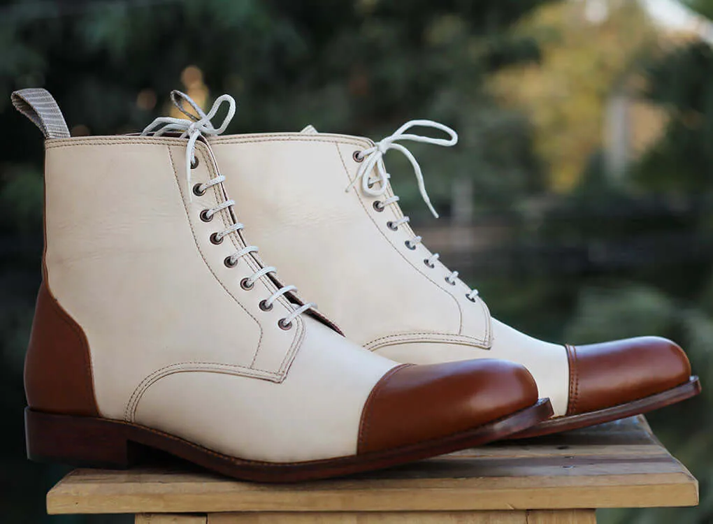 Handmade Men’s Cream Brown Cap Toe Ankle Boots, Men Leather Lace Up Fashion Boots