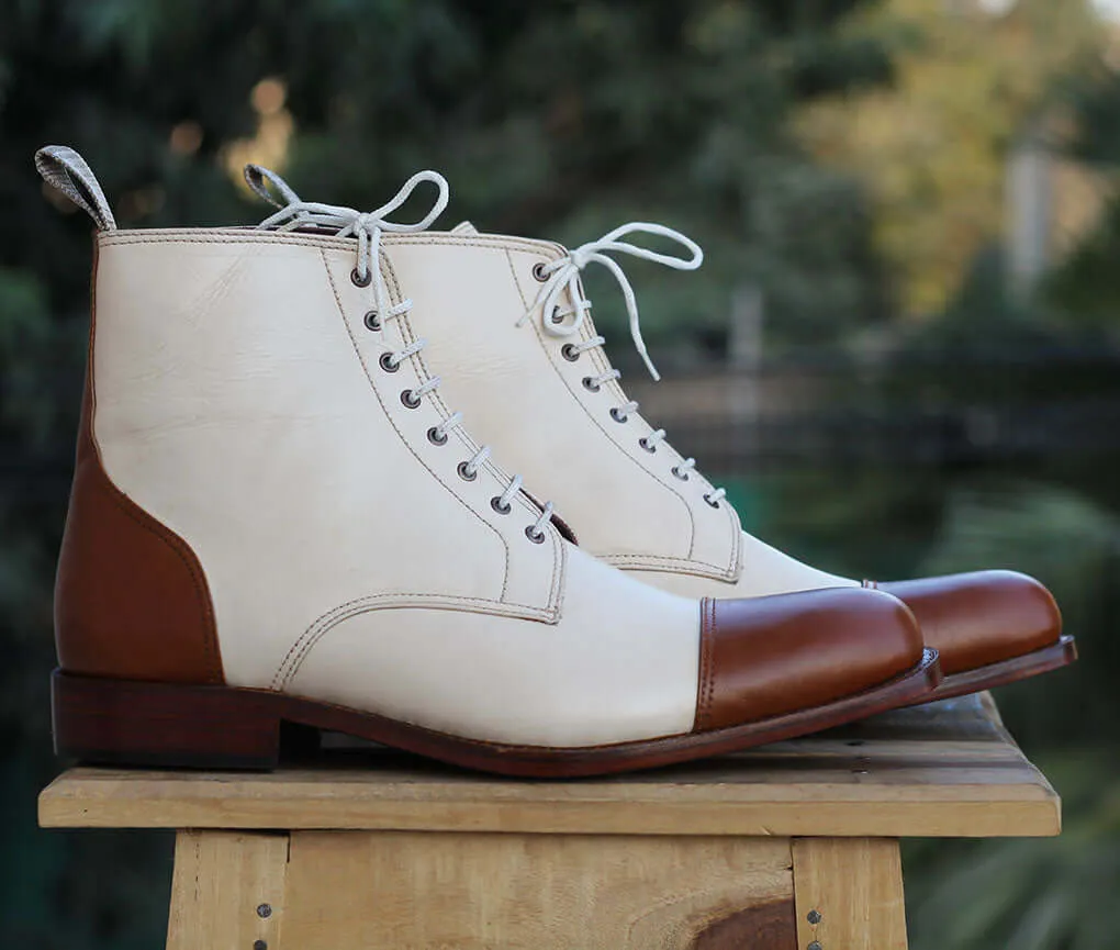 Handmade Men’s Cream Brown Cap Toe Ankle Boots, Men Leather Lace Up Fashion Boots