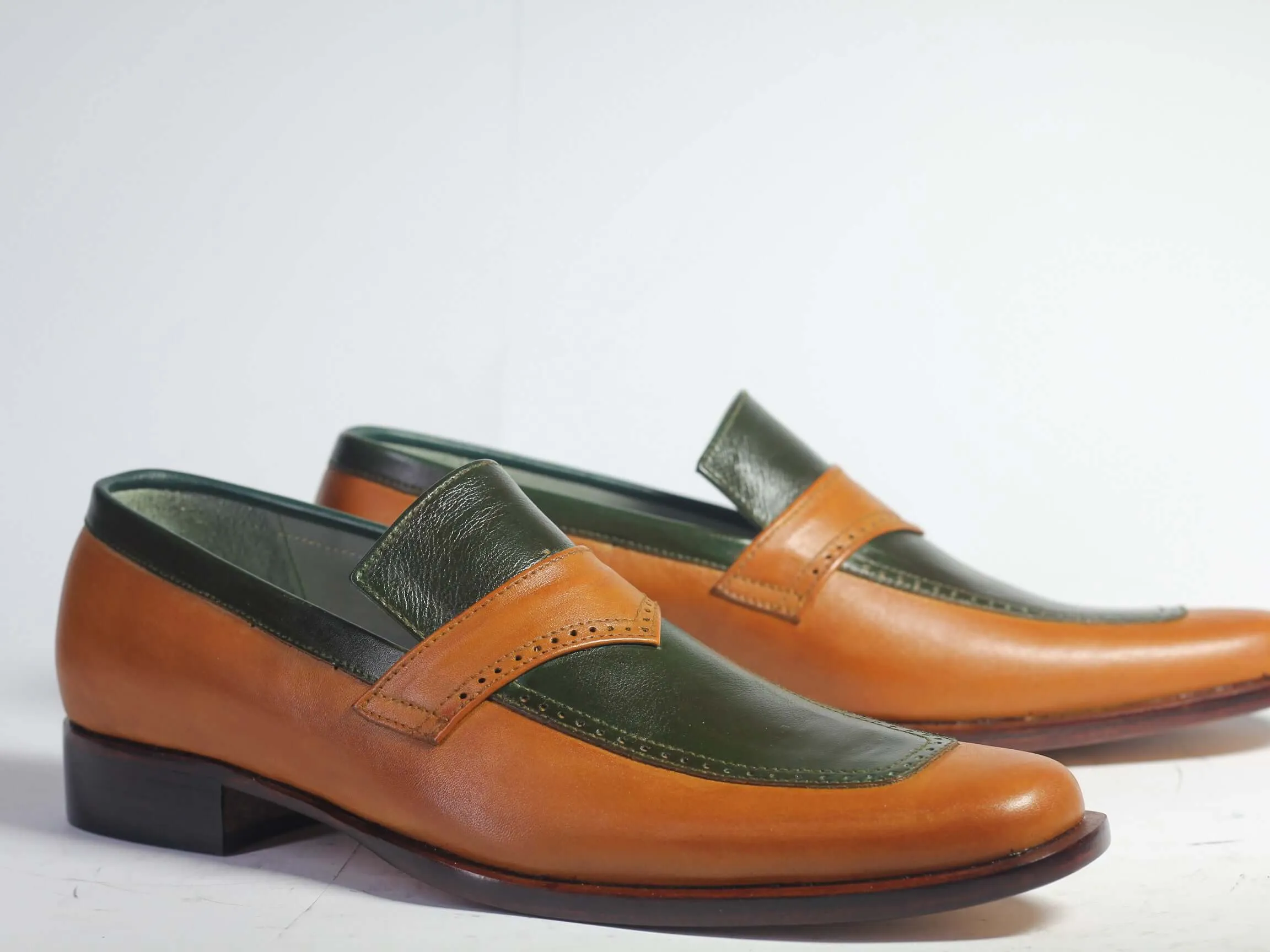 Handmade Men's Green Tan Leather Penny Loafers, Men Designer Dress Luxury Shoes