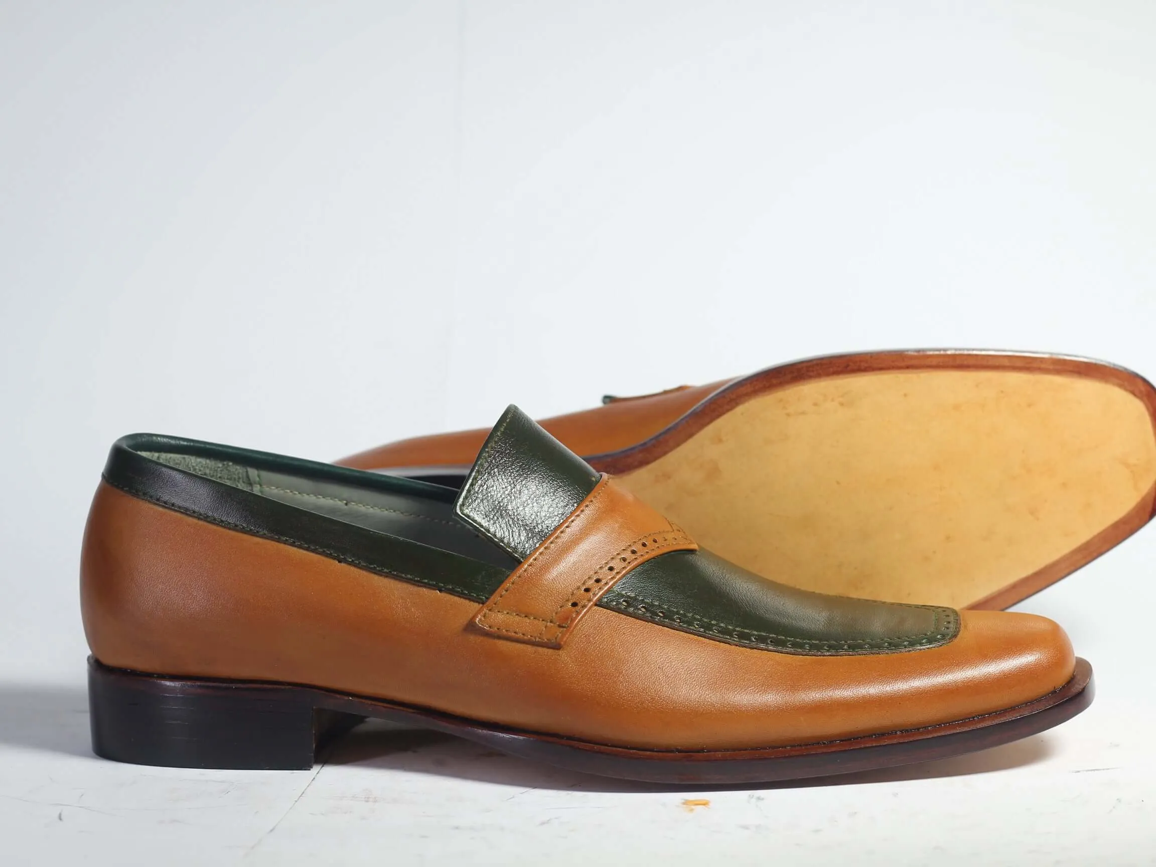 Handmade Men's Green Tan Leather Penny Loafers, Men Designer Dress Luxury Shoes