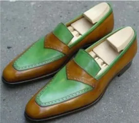 Handmade Men’s Leather Loafers Shoes, Men Green Brown Color Slip On Shoes