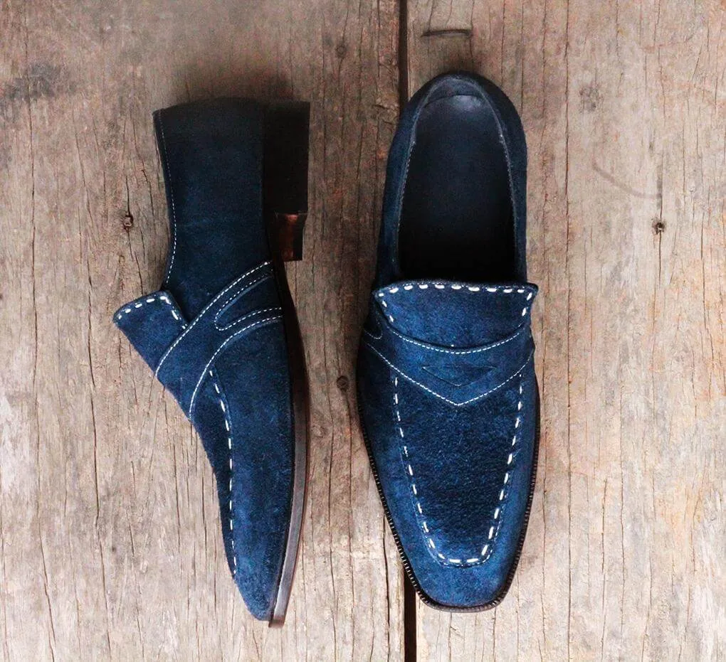 Handmade Men's Navy Blue Suede Penny Loafers, Men Designer Dress Formal Luxury Party Shoes