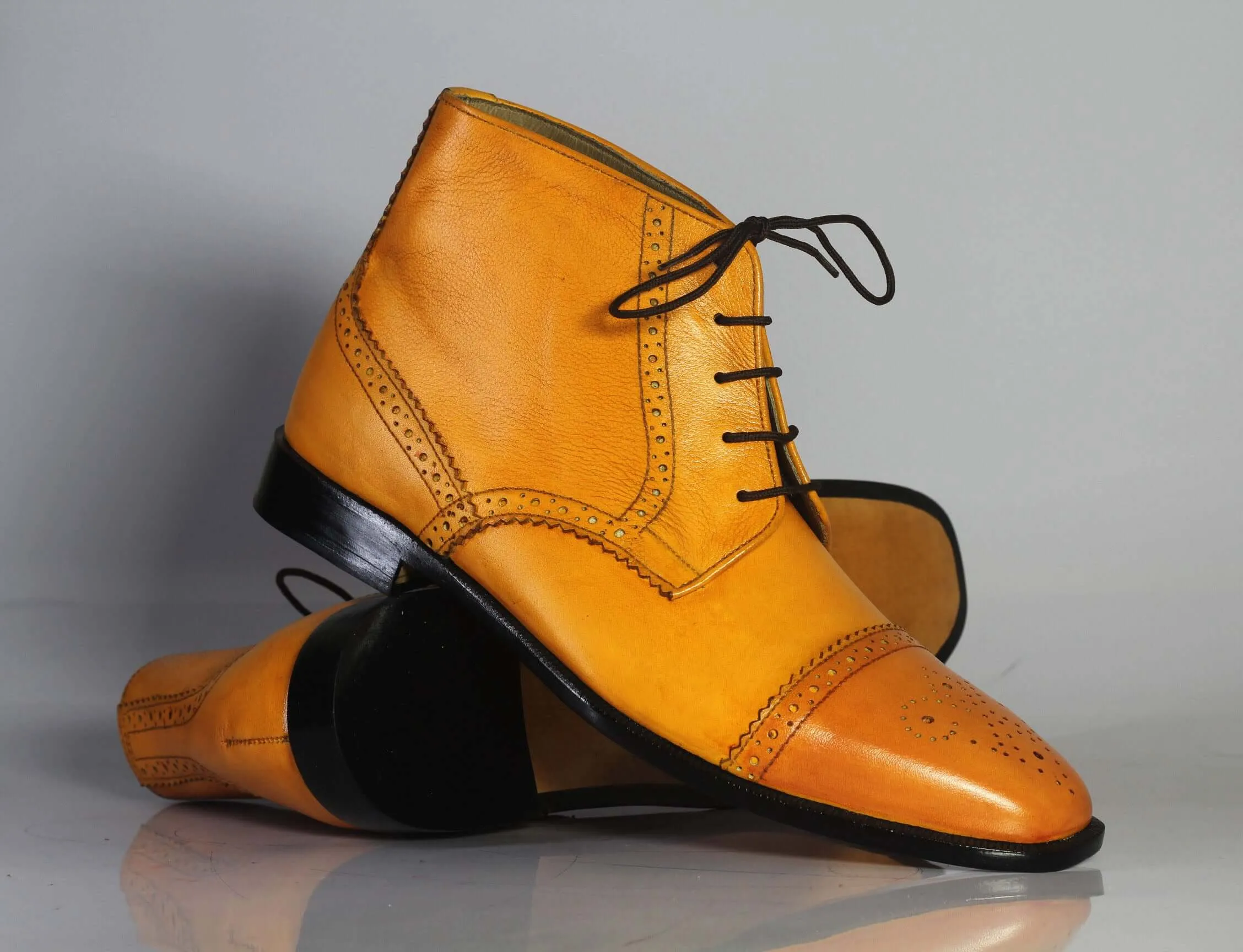 Handmade Men's Tan Leather Boots, Men Lace Up Dress Cap Toe Ankle High Boots