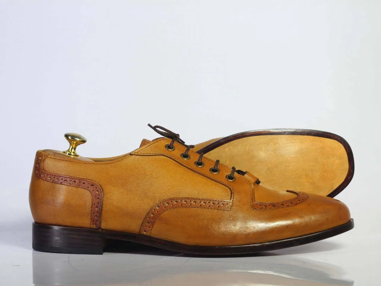 Handmade Men's Tan Leather Lace Up Shoes, Men Wing Tip Dress Fashion Shoes