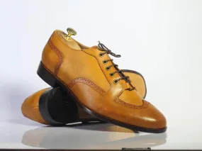 Handmade Men's Tan Leather Lace Up Shoes, Men Wing Tip Dress Fashion Shoes