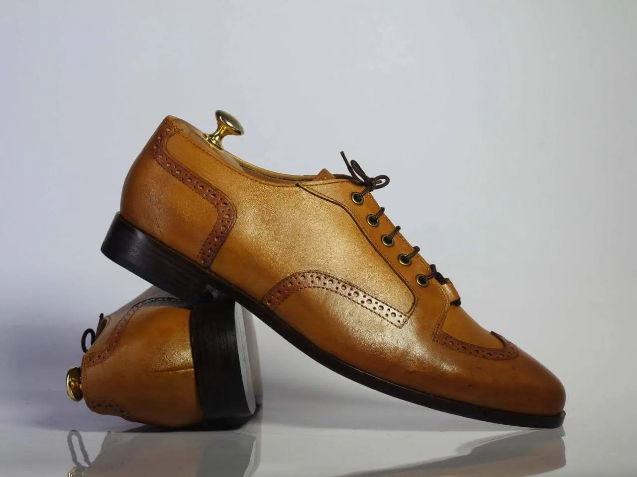 Handmade Men's Tan Leather Lace Up Shoes, Men Wing Tip Dress Fashion Shoes