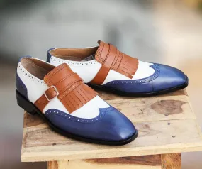 Handmade Men's Two Multi Color Leather Wing Tip Monk Strap Shoes, Men Designer Dress Formal Luxury Shoes