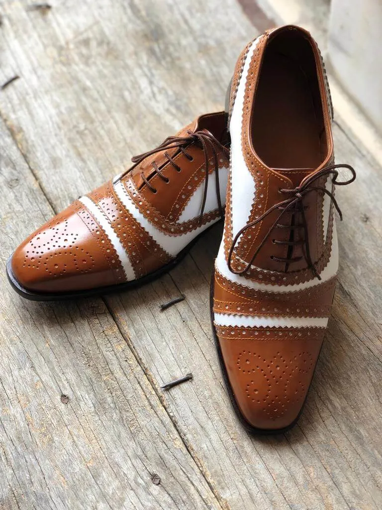 Handmade Men's Two Tone White Brown Cap Toe Brogue Leather Lace Up Shoes, Men Designer Dress Formal Luxury Shoes