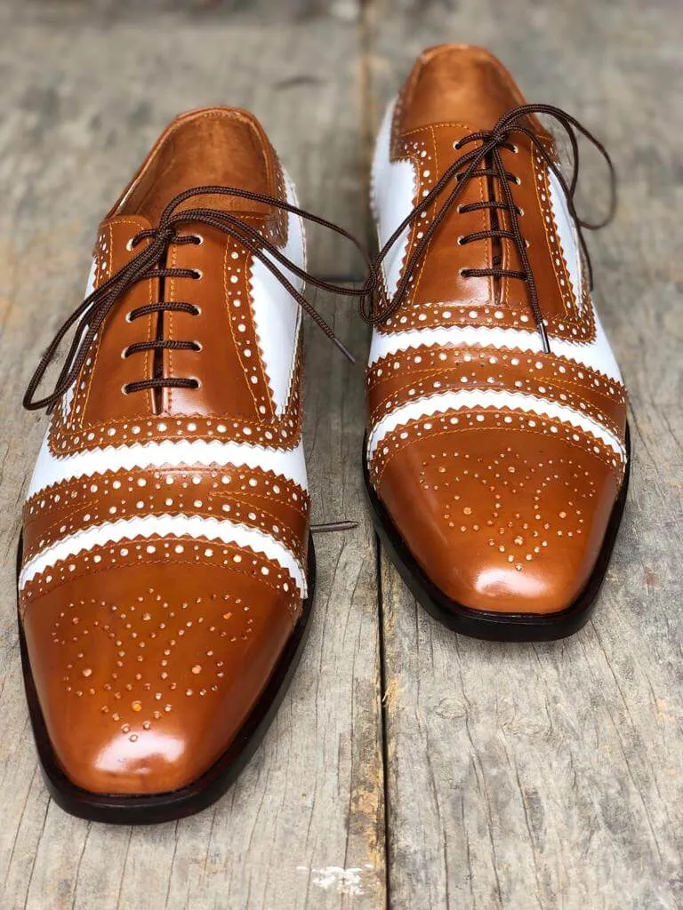 Handmade Men's Two Tone White Brown Cap Toe Brogue Leather Lace Up Shoes, Men Designer Dress Formal Luxury Shoes