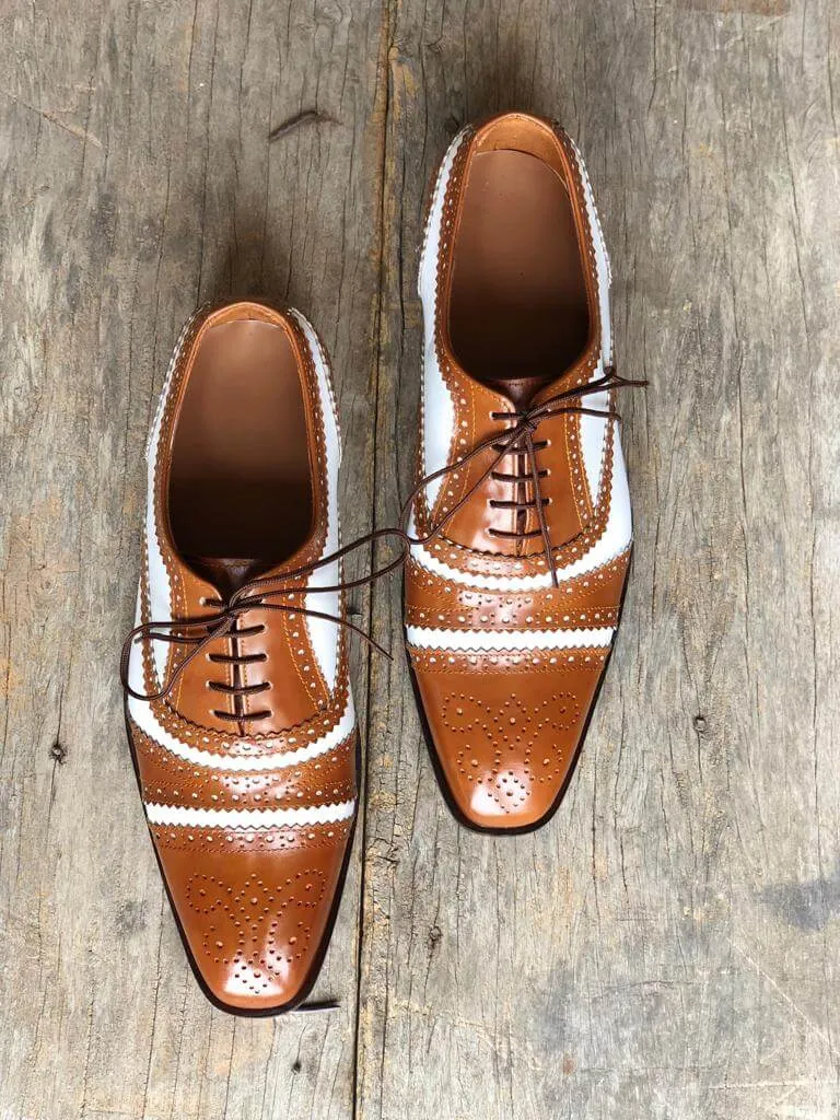 Handmade Men's Two Tone White Brown Cap Toe Brogue Leather Lace Up Shoes, Men Designer Dress Formal Luxury Shoes