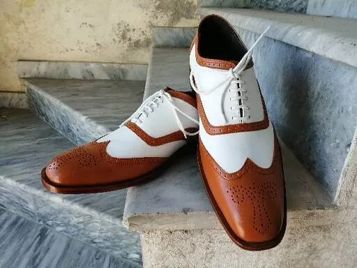 Handmade Men’s White & Tan Leather Shoes, Wing Tip Brogue Dress Lace Up Shoes