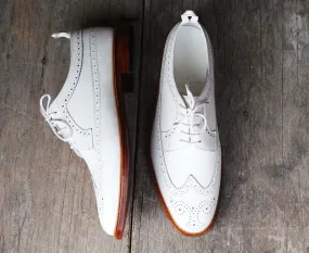 Handmade Men's White Leather Wing Tip Brogue Lace Up Shoes, Men Designer Dress Formal Luxury Shoes