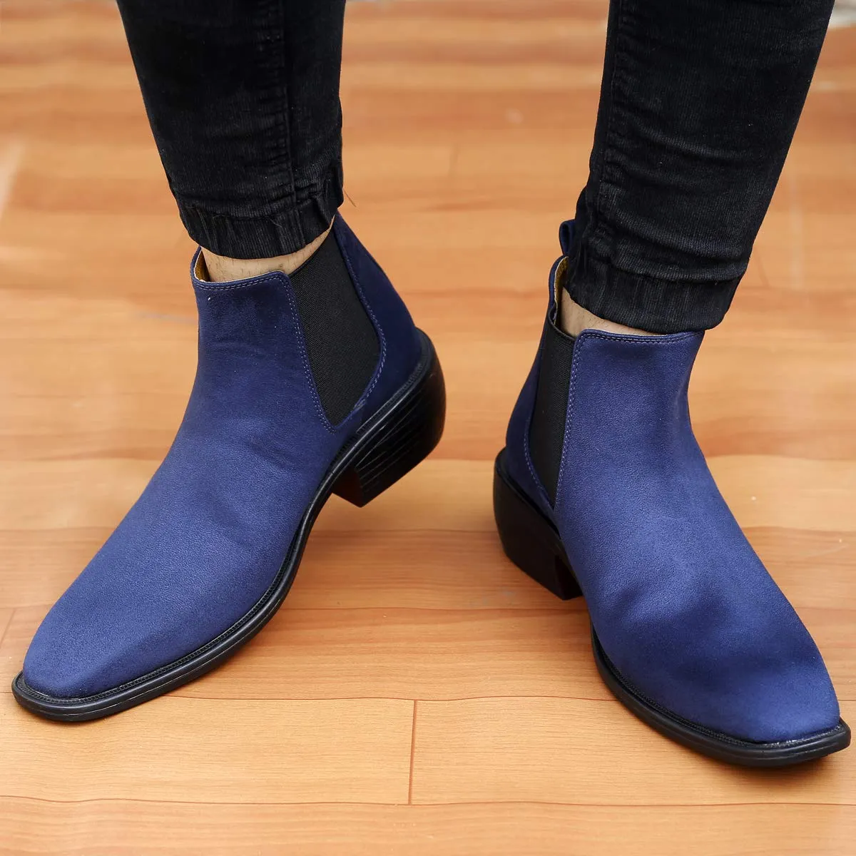 Height Increasing Suede Material Blue Casual Chelsea Boots For Men-JonasParamount