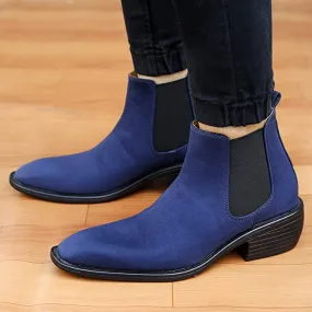 Height Increasing Suede Material Blue Casual Chelsea Boots For Men-JonasParamount