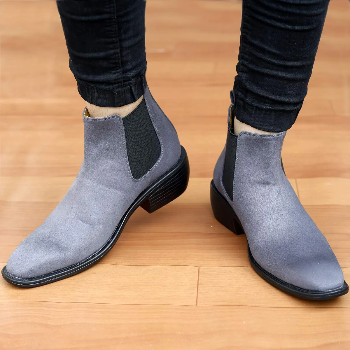 Height Increasing Suede Material Grey Casual Chelsea Boots For Men-JonasParamount