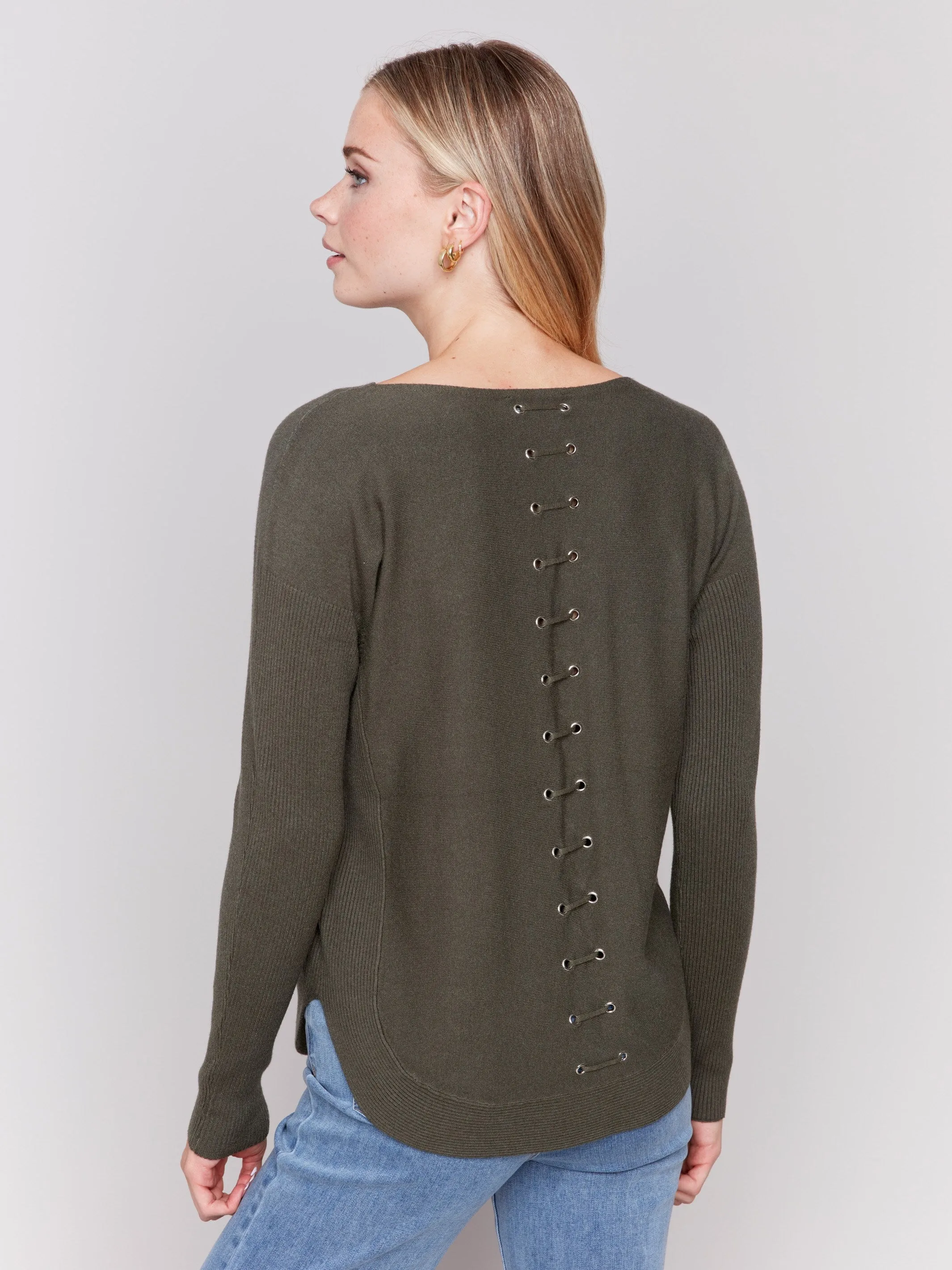 Knit Sweater with Back Detail Lace-Up - Spruce