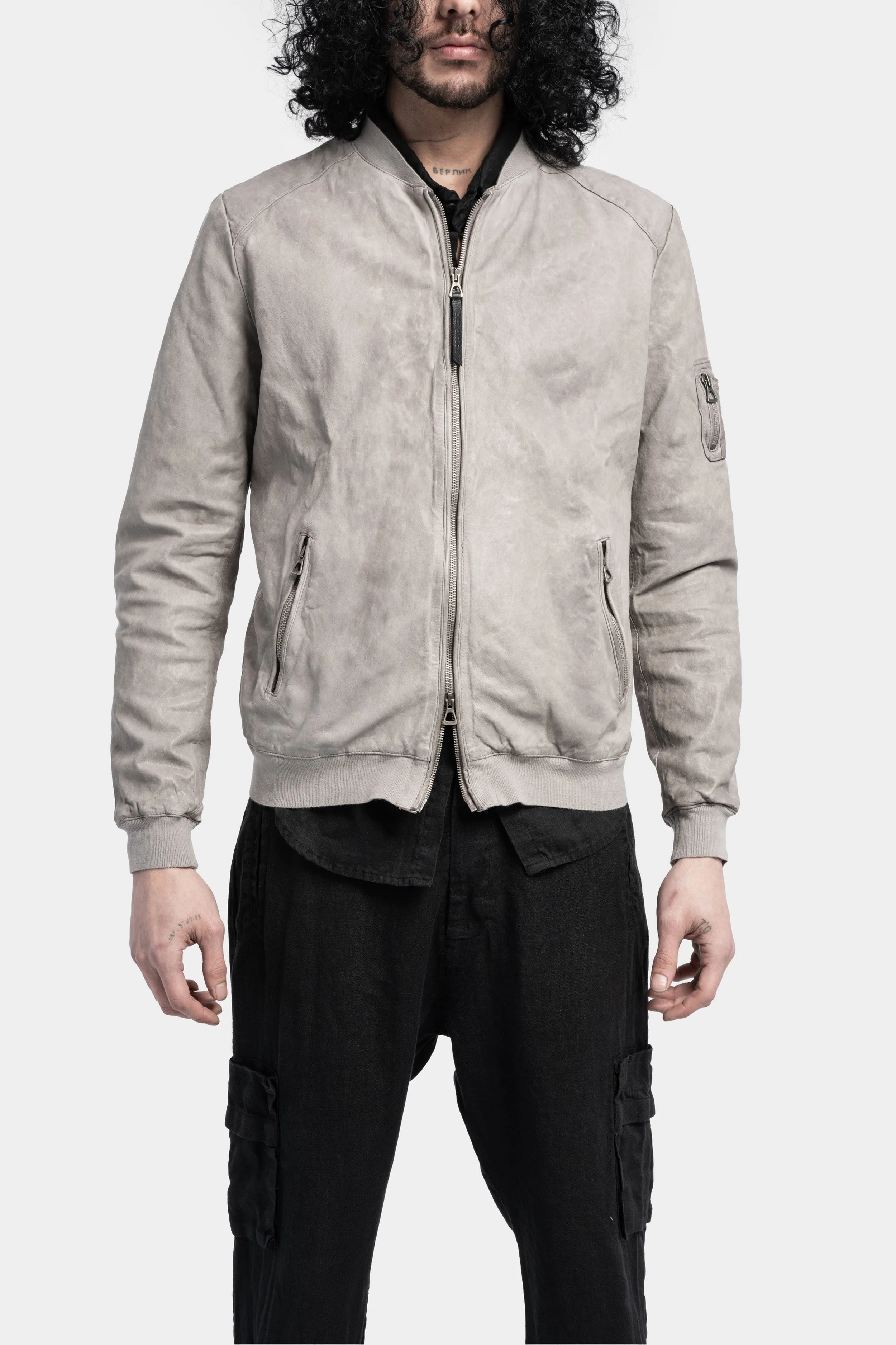 Leather bomber jacket, Light grey