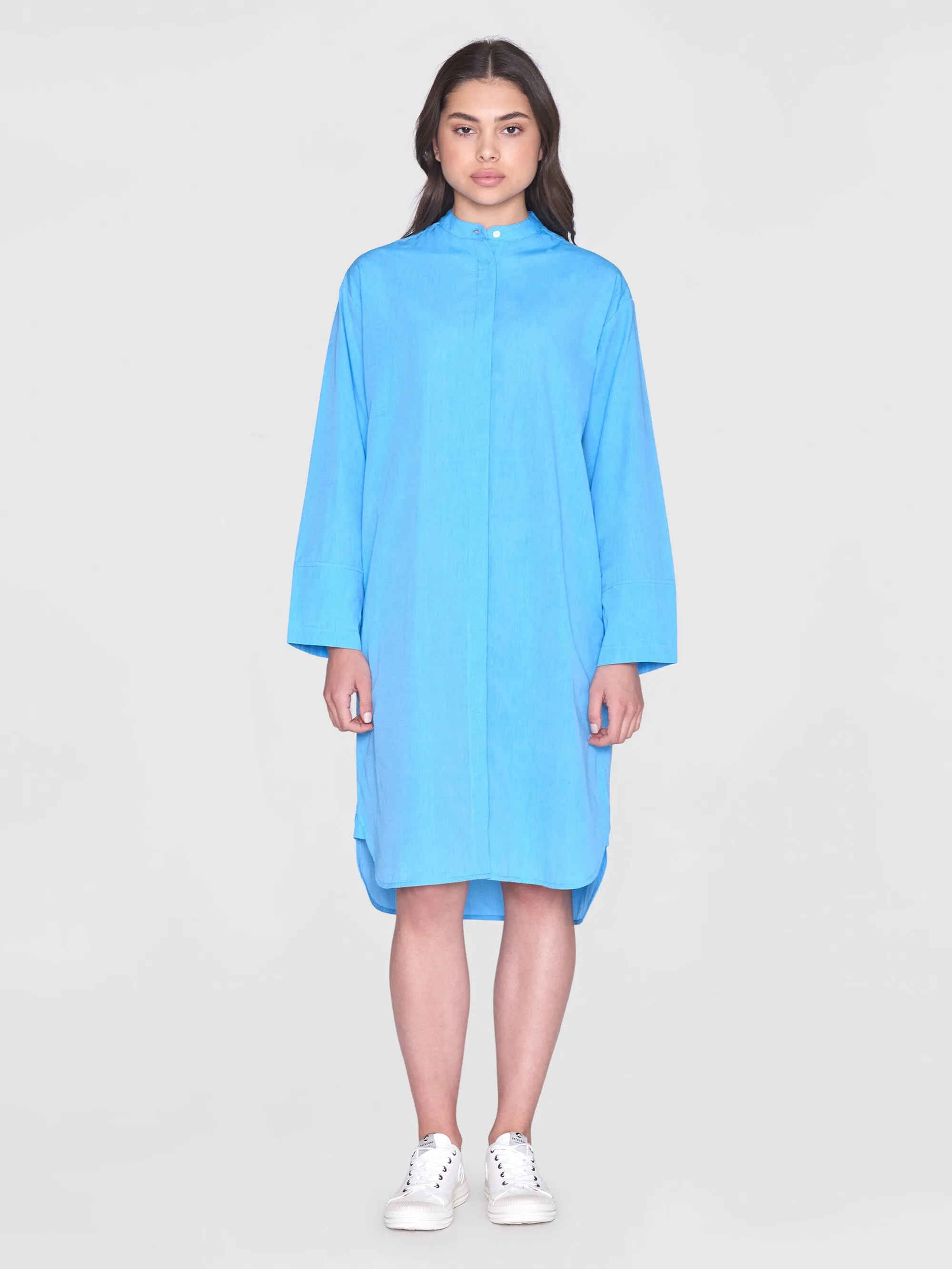 Loose chambray stand collar long shirt dress - GOTS/Vegan - Malibu Blue