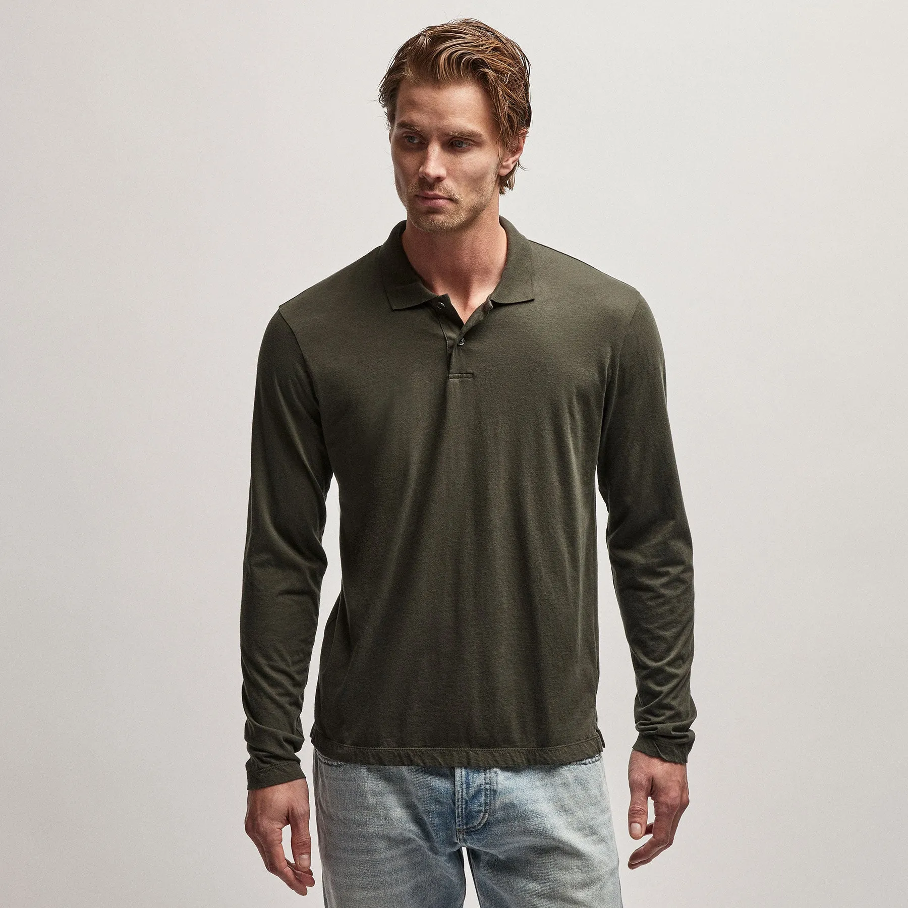 Luxe Lotus Jersey Long Sleeve Polo - Dark Olive