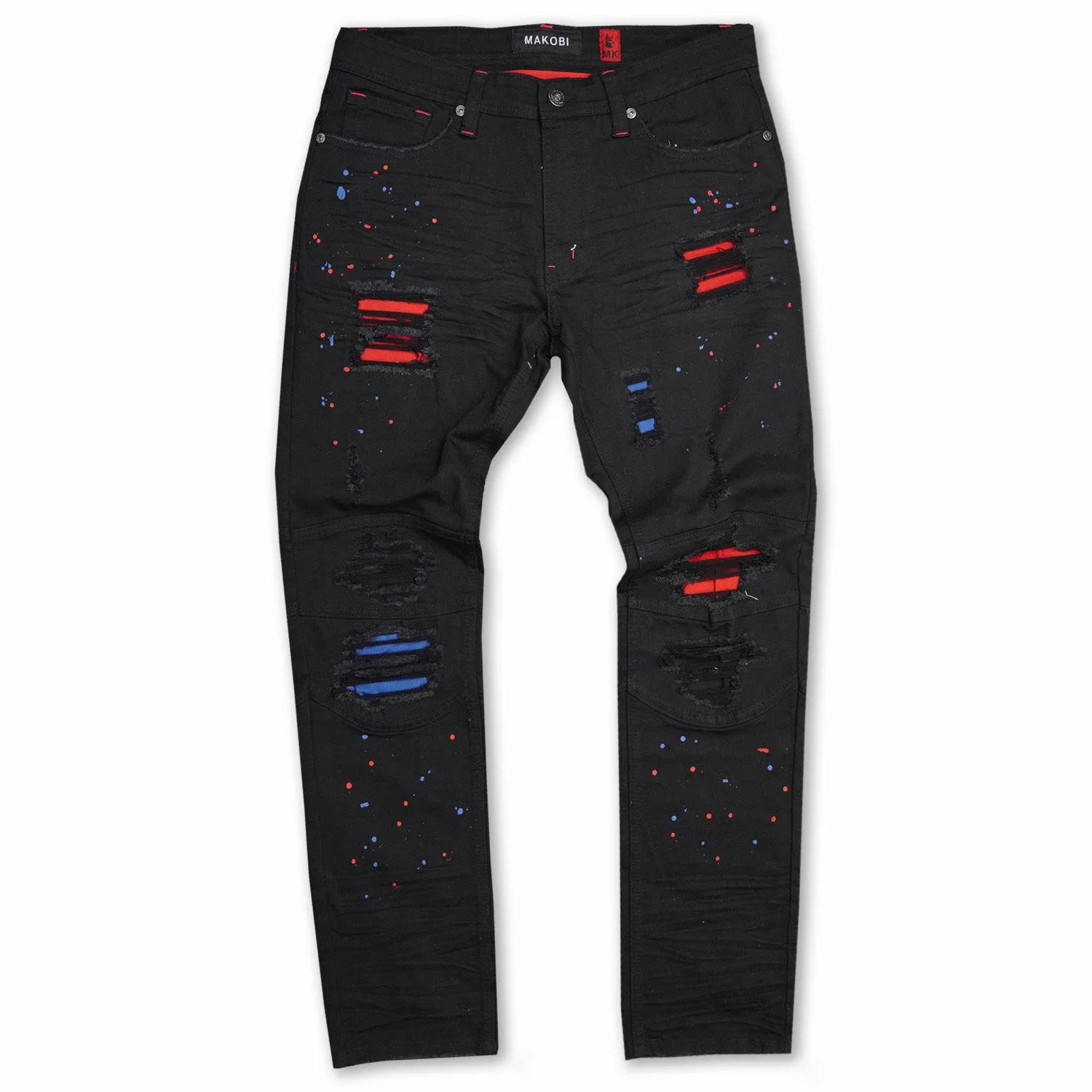 M1749 Makobi Sanded Biker Jeans with Rip & Repair - Black/Red