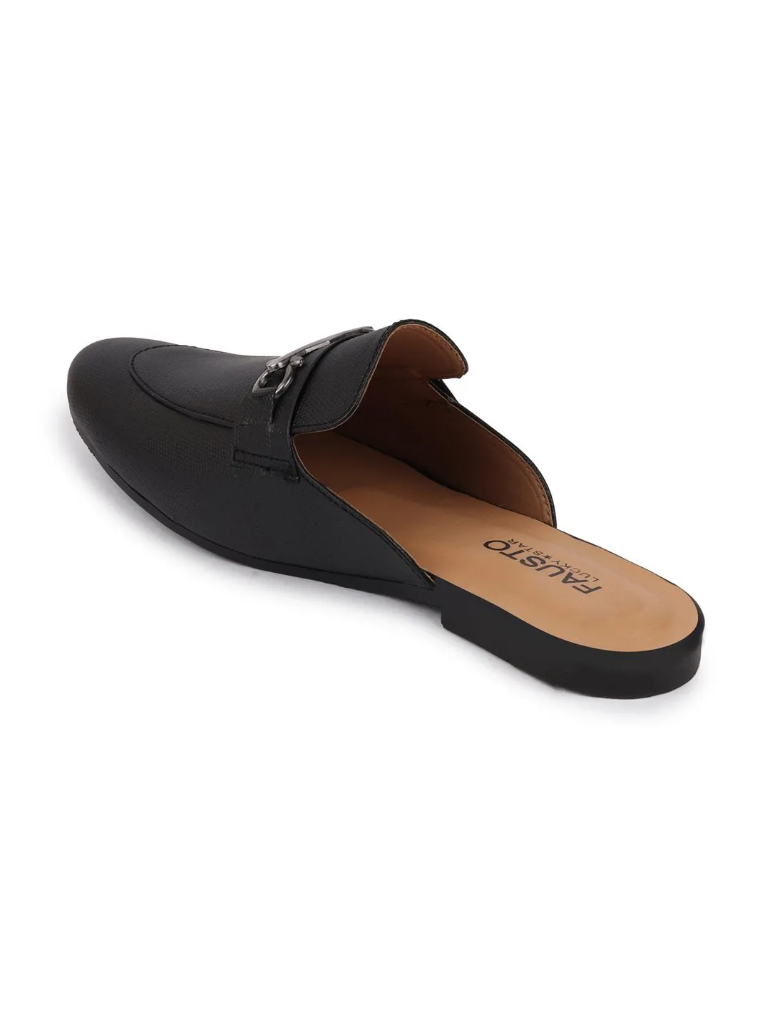 Men Black Back Open Buckle Casual Slip On Mules