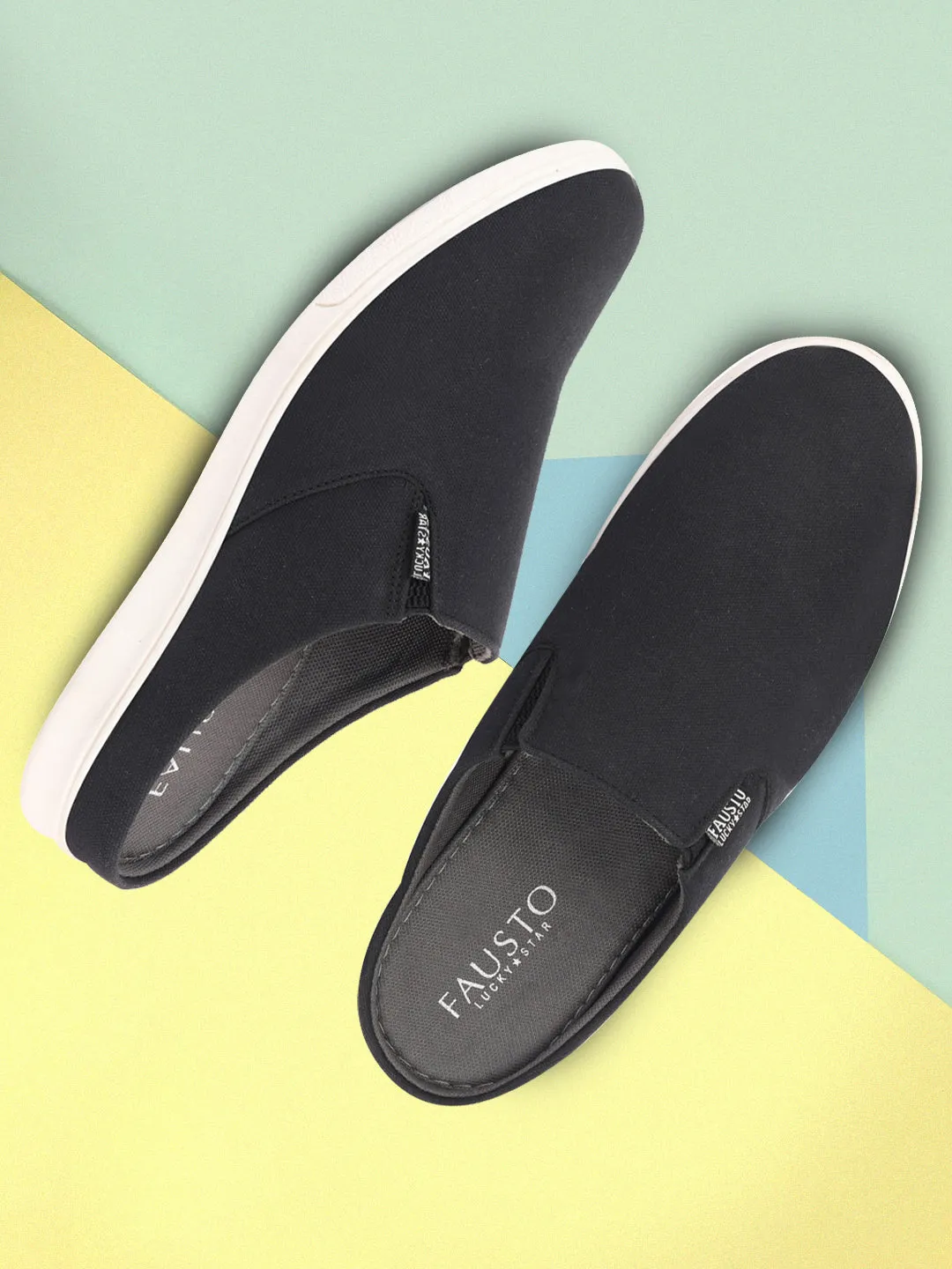 Men Black Casual Back Open Canvas Stylish Slip On Shoes