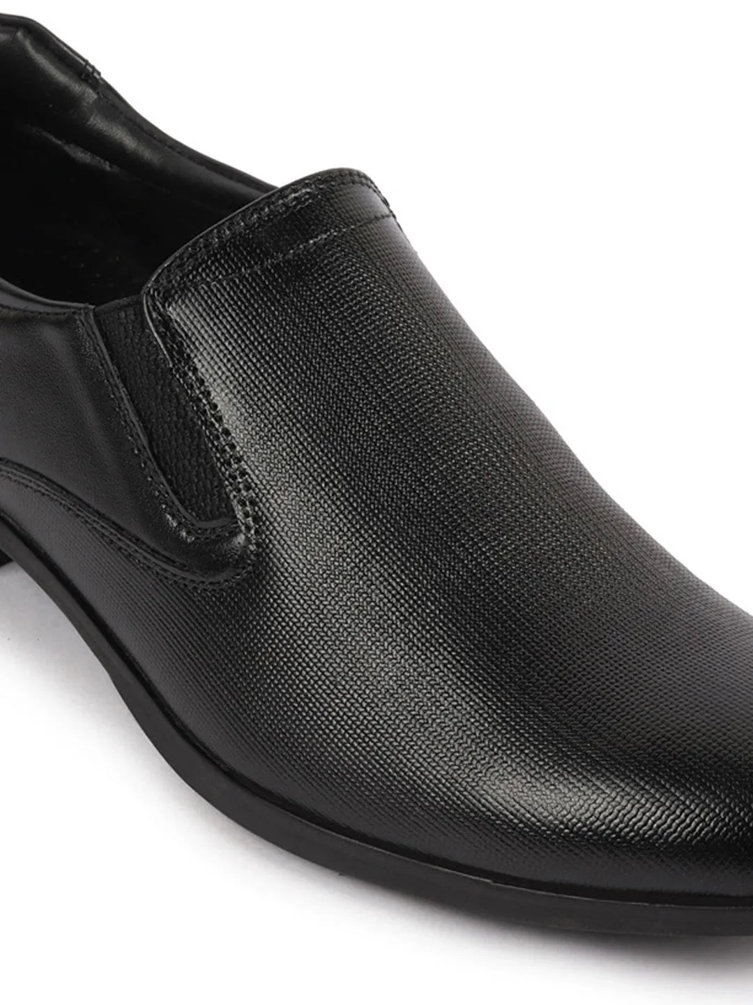 Men Black Formal Office Textured Design Side Stitched Genuine Leather Slip On Shoes