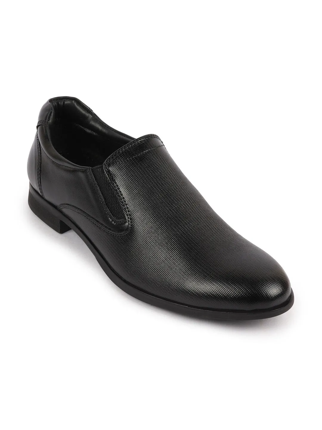 Men Black Formal Office Textured Design Side Stitched Genuine Leather Slip On Shoes