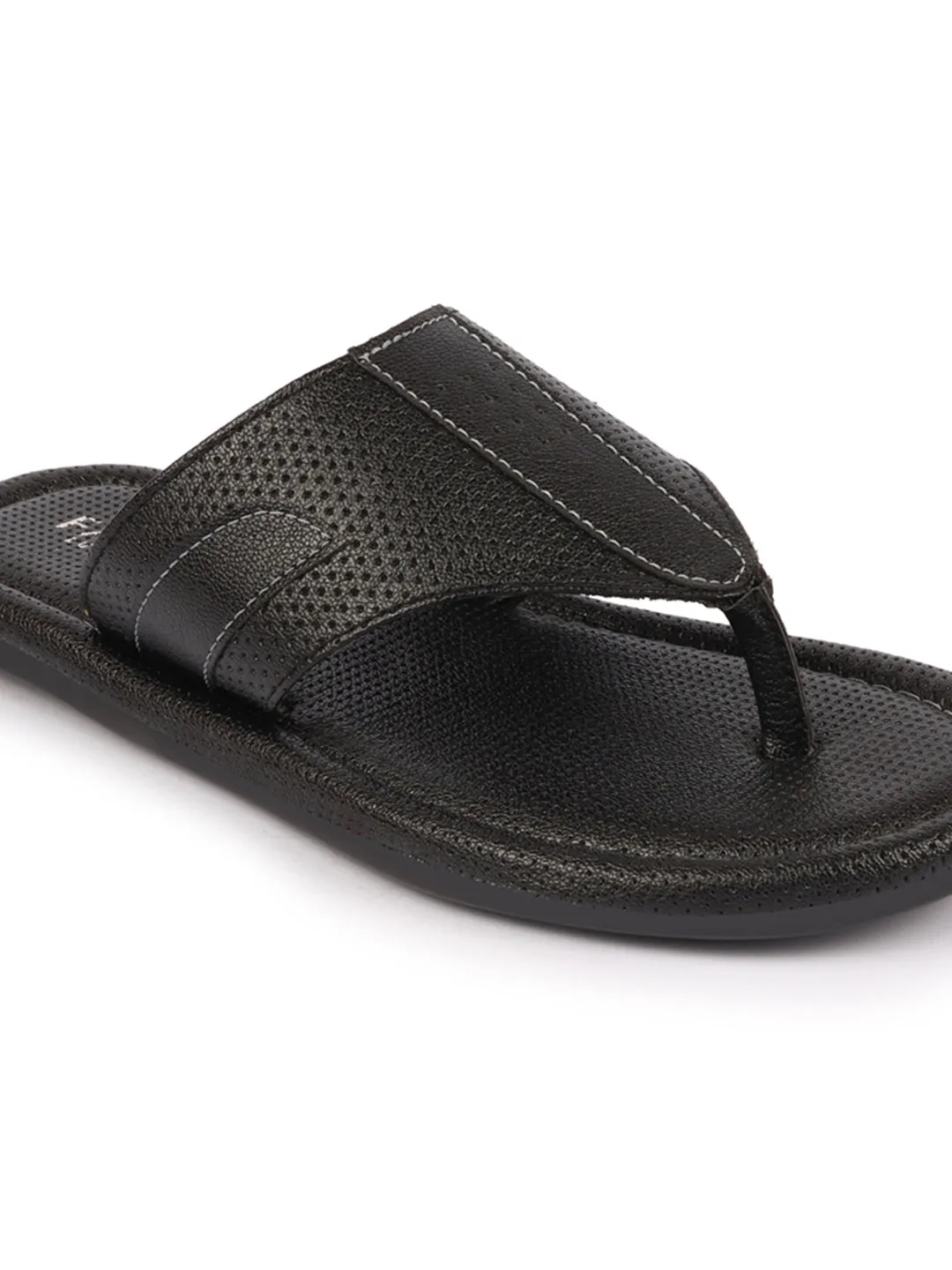 Men Black Textured Design Indoor Outdoor Thong Slipper Sandals