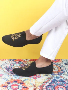 Men Black Velvet Embroidery Design Party Casual Loafer Shoes