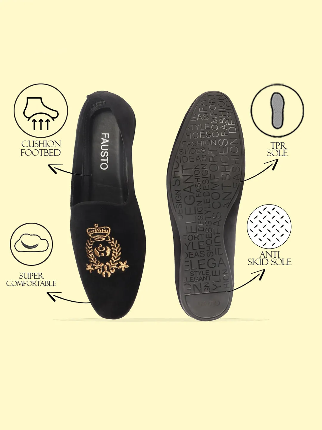 Men Black Velvet Embroidery Design Party Casual Loafer Shoes