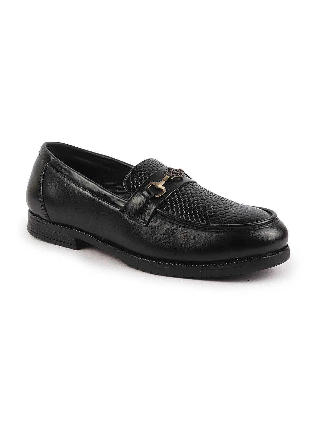 Men Black Wedding Party Embossed Design Genuine Leather Buckle Slip On Loafer Shoes