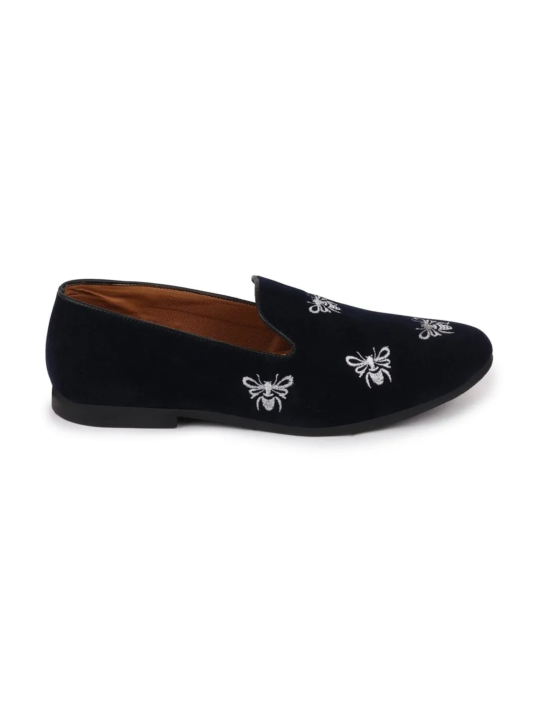 Men Blue Velvet Bee Print Embroidery Slip On Party Loafers