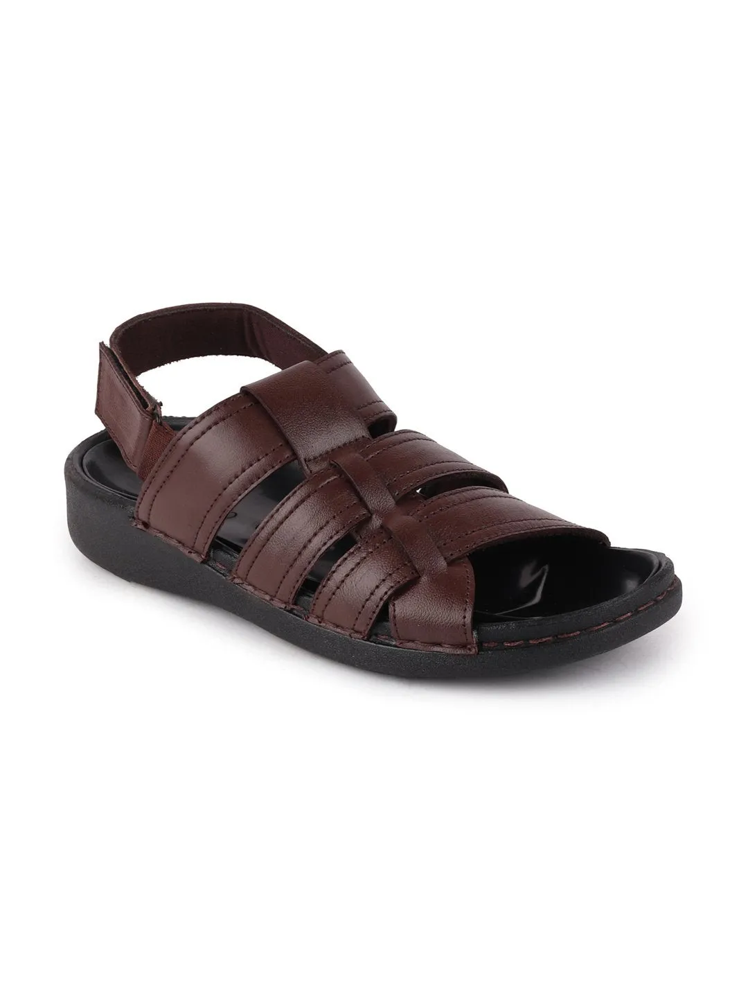 Men Brown Formal Leather Hook & Loop Flat Sandals