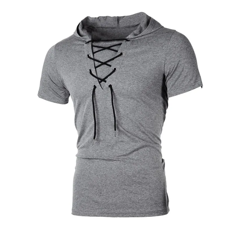 Men T Shirt Summer Personality Hooded Tees Lacing Short Sleeve