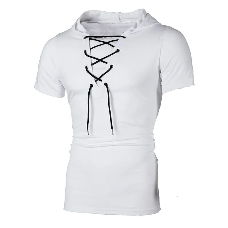 Men T Shirt Summer Personality Hooded Tees Lacing Short Sleeve